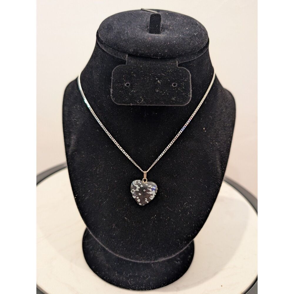 Snowflake Obsidian Heart Pendant – Italy 925 Sterling Silver Chain, Vintage - Picture 1 of 3
